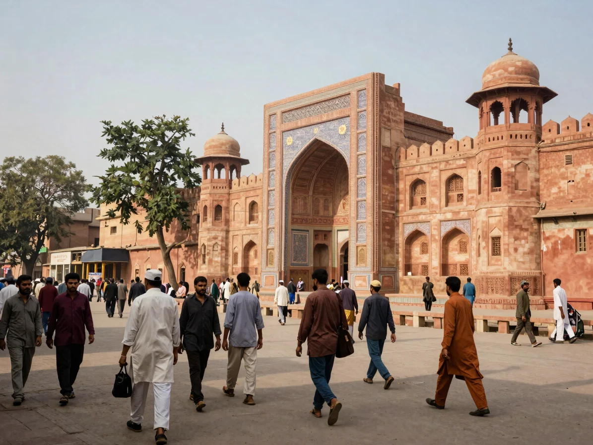 A vibrant street scene in Lahore's Walled City, bustling with act