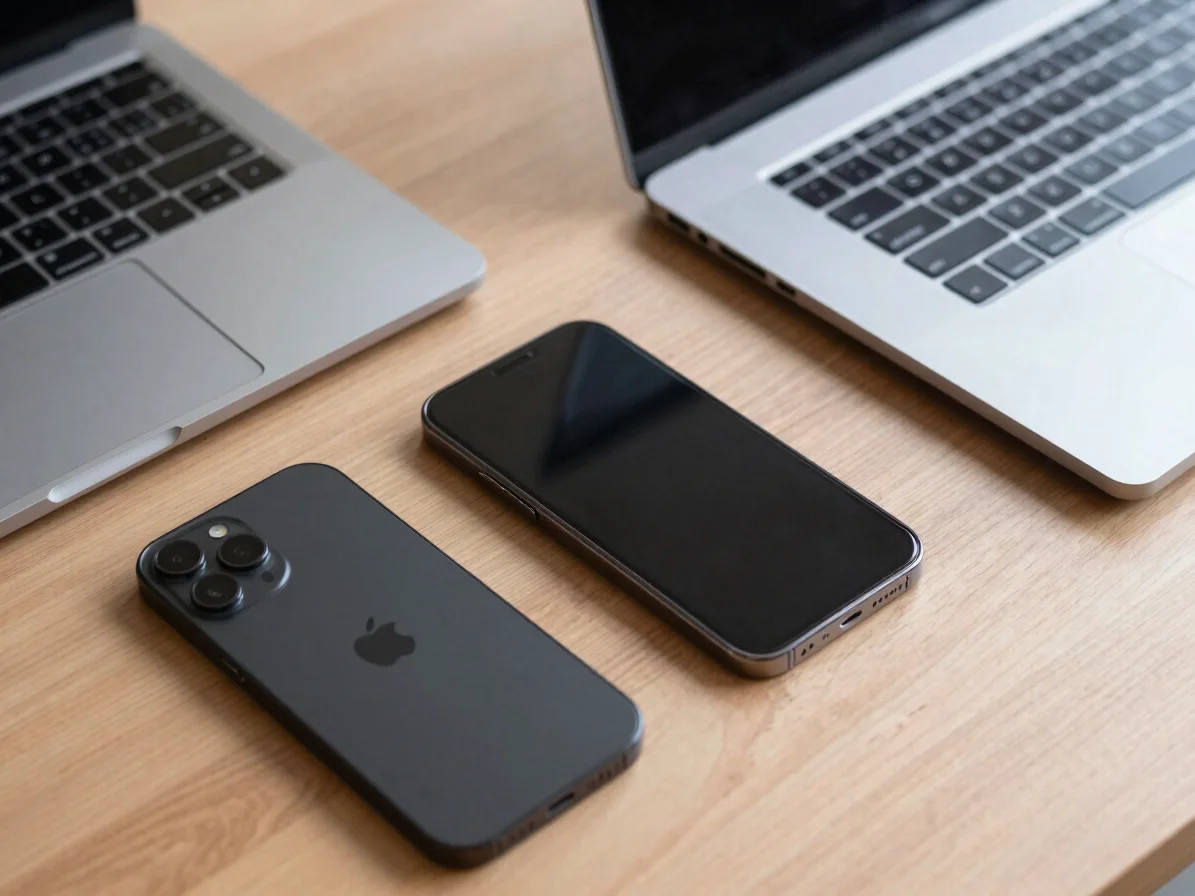 A clean flat-lay arrangement of crisp consumer hardware (smartpho