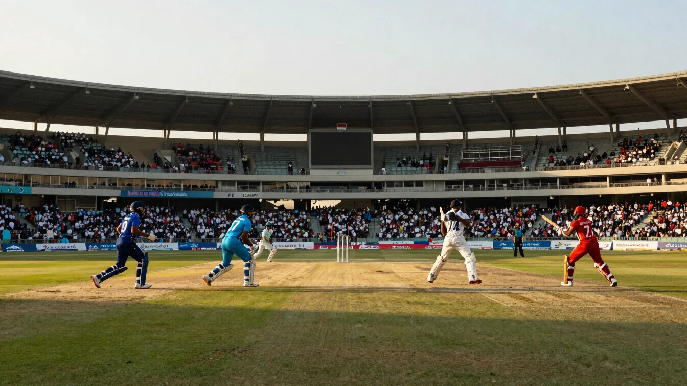 Dynamic stadium action shot of a cricket match during golden hour