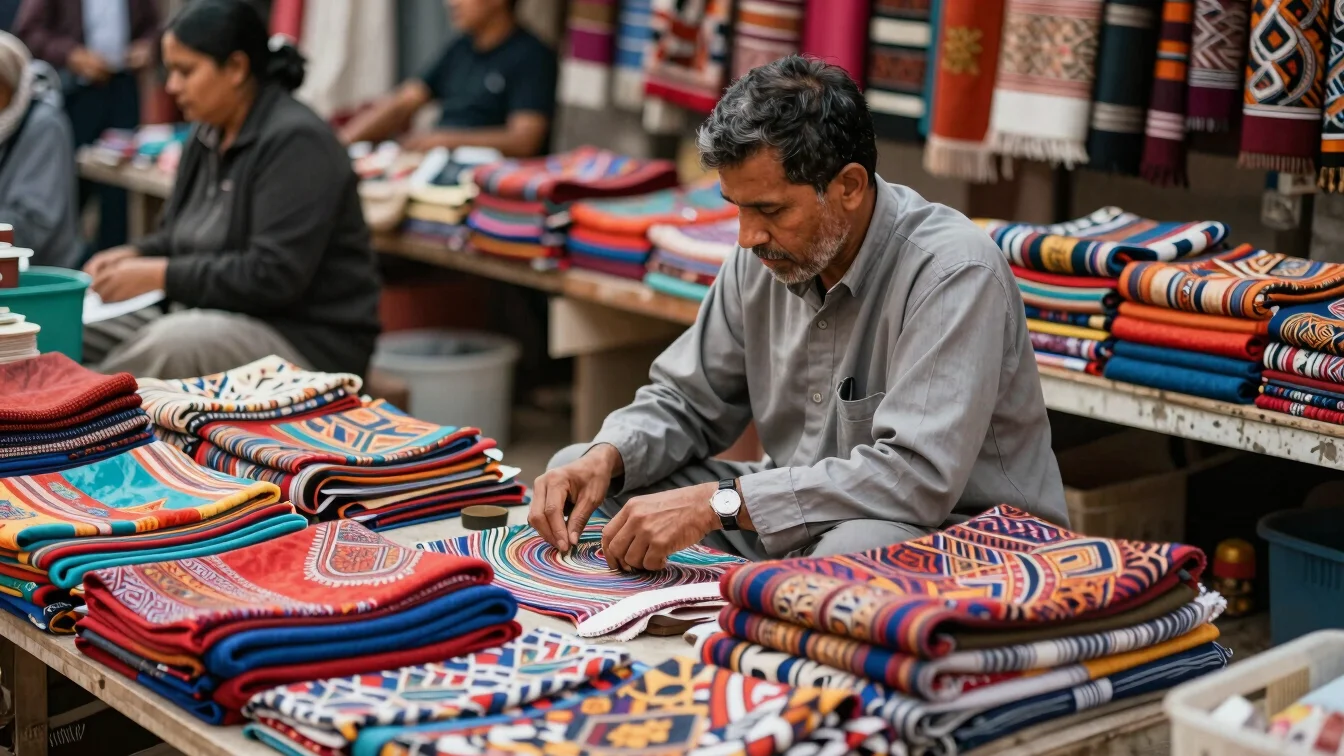 Bustling local market scene, colorful textiles and goods, soft na