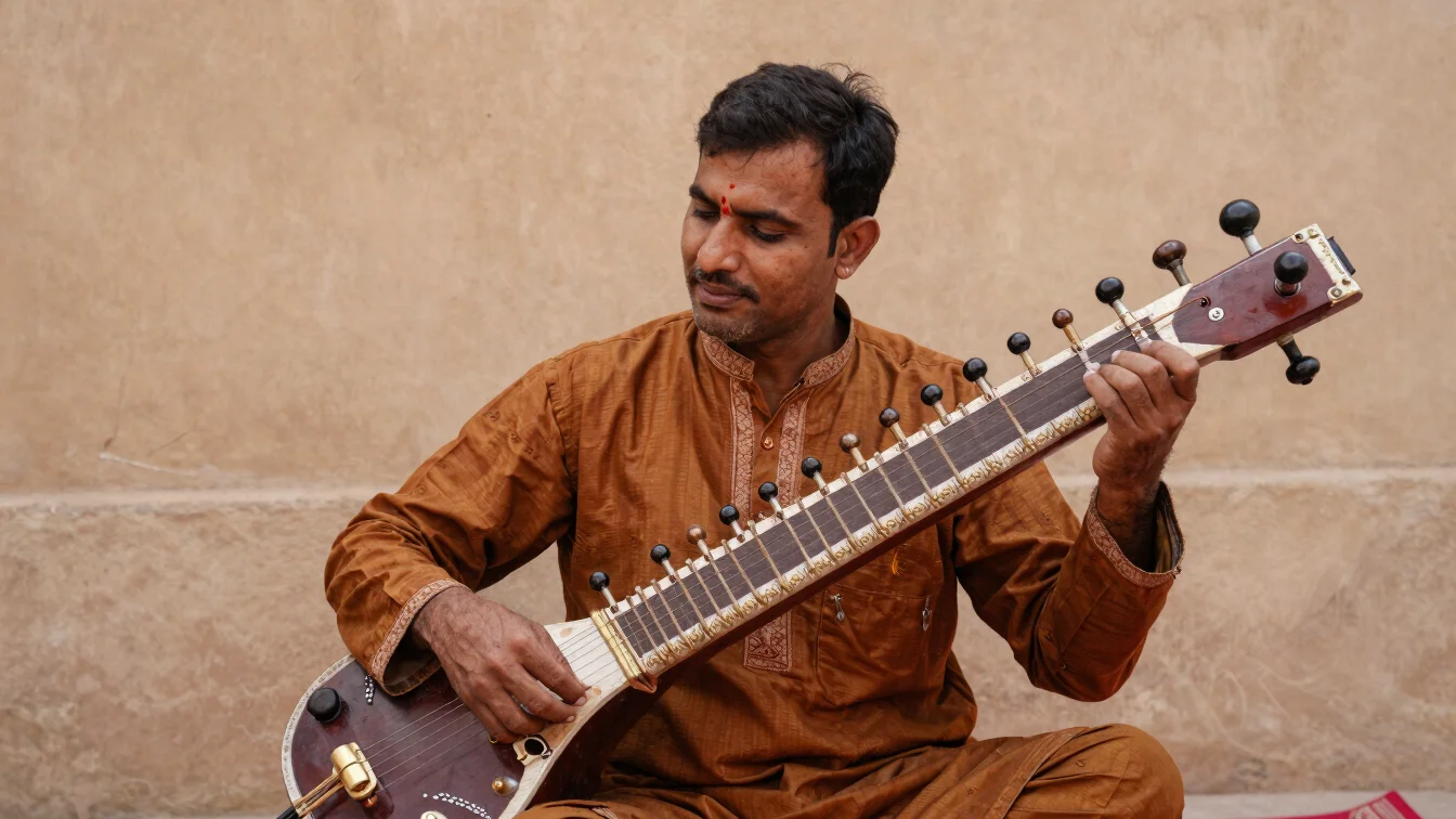 An intimate medium shot of a traditional Pakistani musician playi
