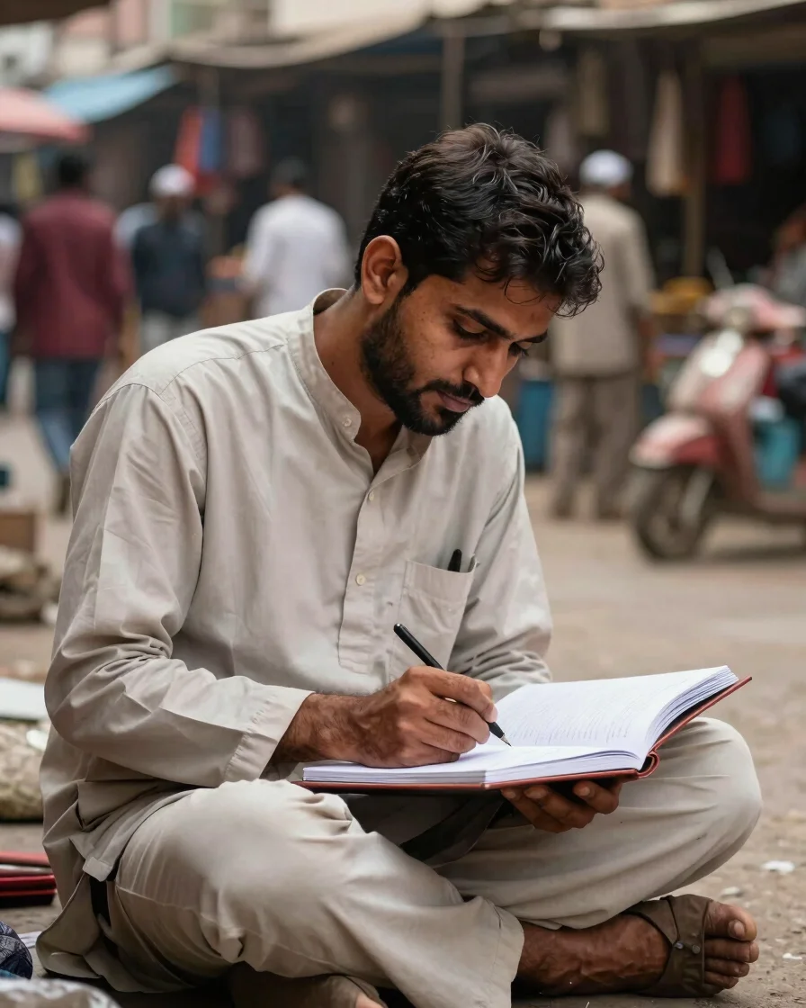 Vibrant editorial documentary photograph of a journalist taking notes in an open-air Lahore bazaar, soft daylight, rich