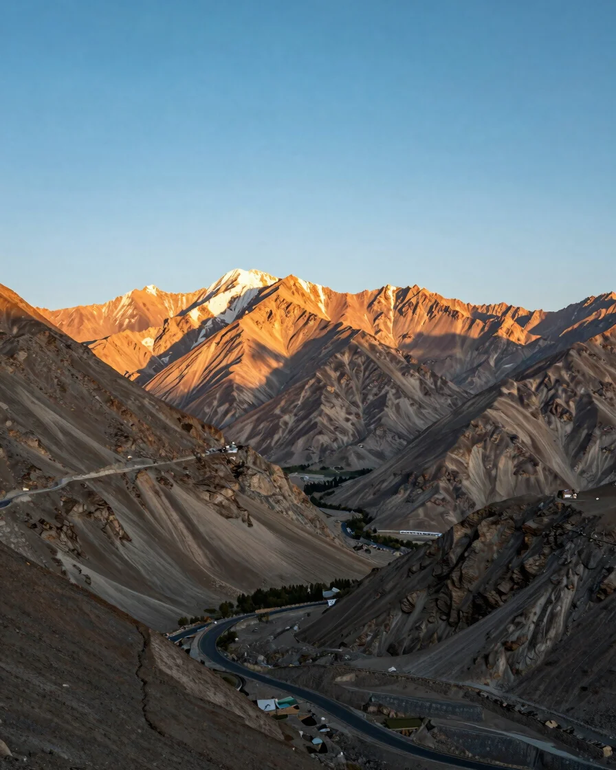 Vibrant editorial documentary photograph of the majestic mountains of Gilgit-Baltistan at golden hour, sharp focus, 35mm